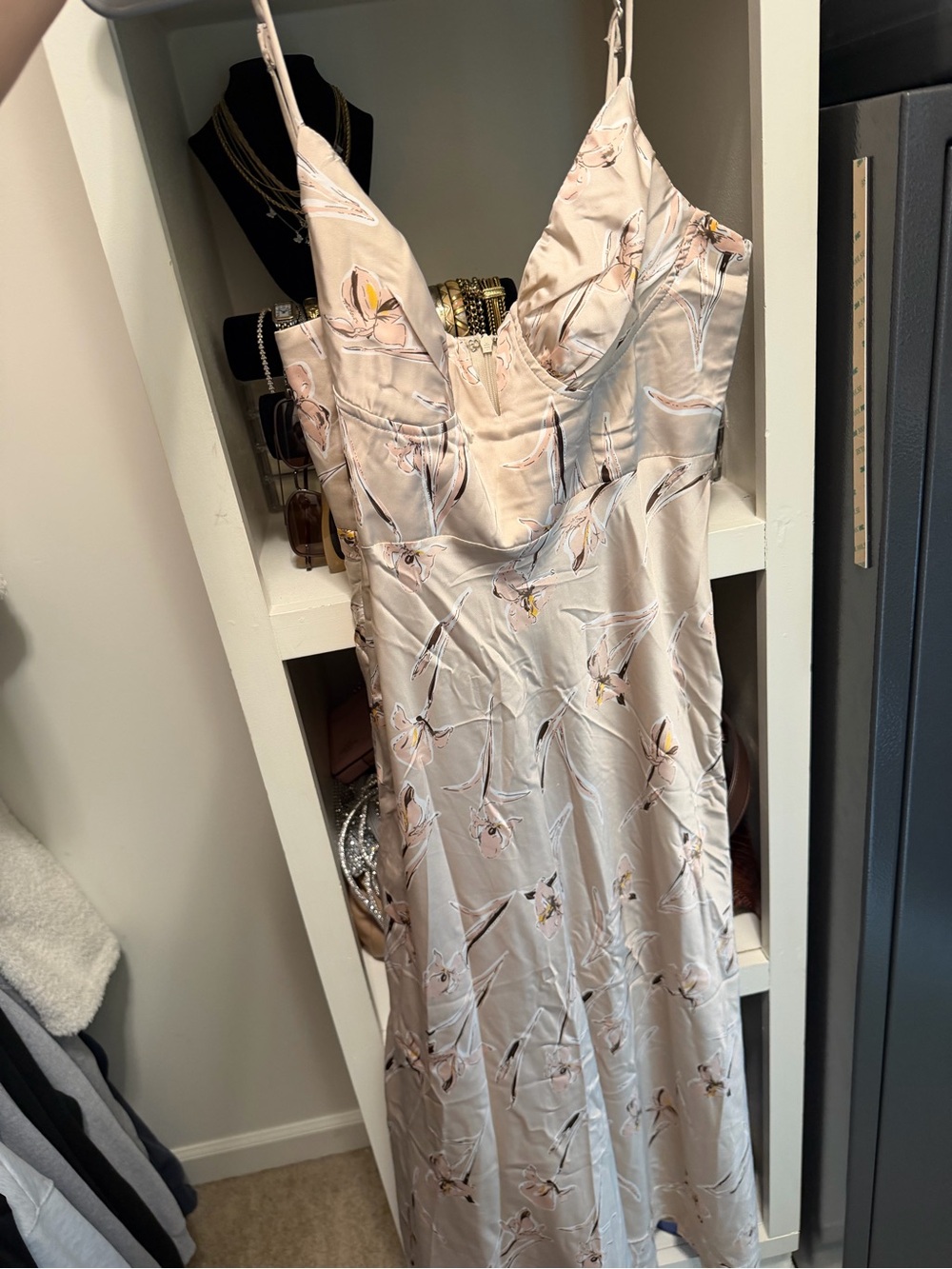 Satin Floral Slip Dress in Tan- Elegant Spaghetti-Strap Dress